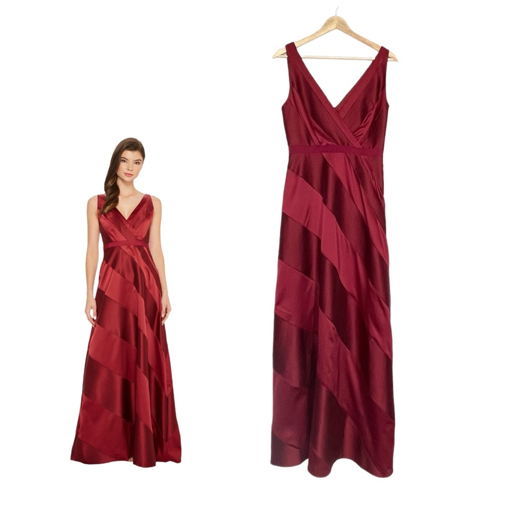 Adrianna Papell Striped Evening Satin Ball Gown in Cranberry Size 4 Sleeveless